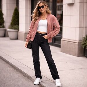 Lifted Anchors Mauve Ruched Sleeve Bomber Jacket | Minimalist Feminine Layer